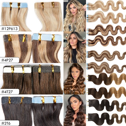 60PCS Tape In Real Virgin Human Hair Extensions SkinWeft Balayage Thick BodyWave - Picture 4 of 34