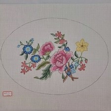 Handpainted Needlepoint Canvas Floral Daisy Oval Rose Multi Color HP Spray NEW