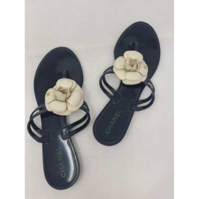 Chanel Black Jelly Camellia Interlocking CC Thong Sandals 40 EU