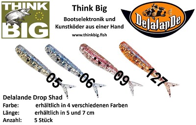  Delalande Drop Shad, 5 Stück, in 2 Größen & 4 Farben, Drop Shot Köder Angeln 