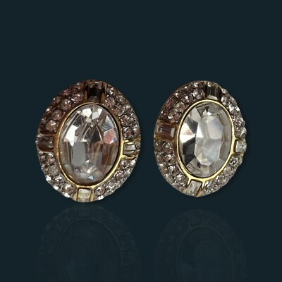 Vintage Signed   GIVENCHY   Gold Crystal Pave Rhinestone   OMEGA POST Earrings