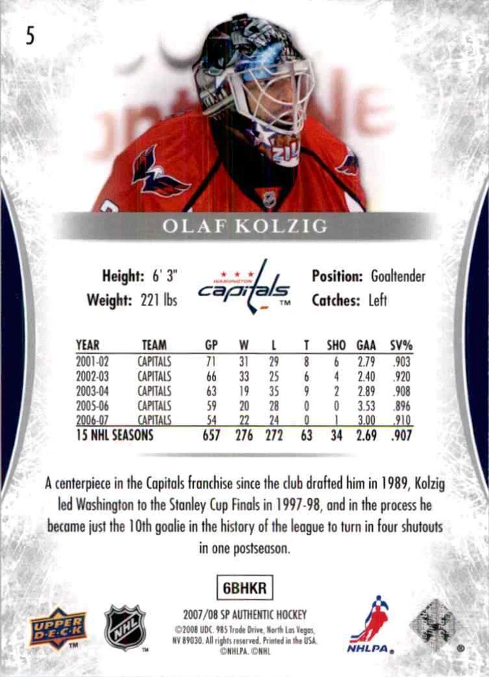 2007-08 Upper Deck SP Authentic Olaf Kolzig #5 - Image 2 of 2