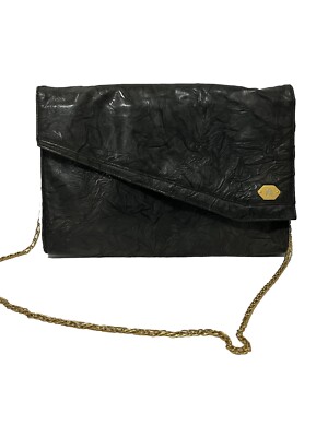 GIANFRANCO LOTTI Black Italian Textured Leather Evening Shoulder Bag Purse Chain