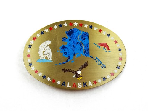 Vintage **Alaska** Hand Detailed Solid Brass Winco Oval Belt Buckle