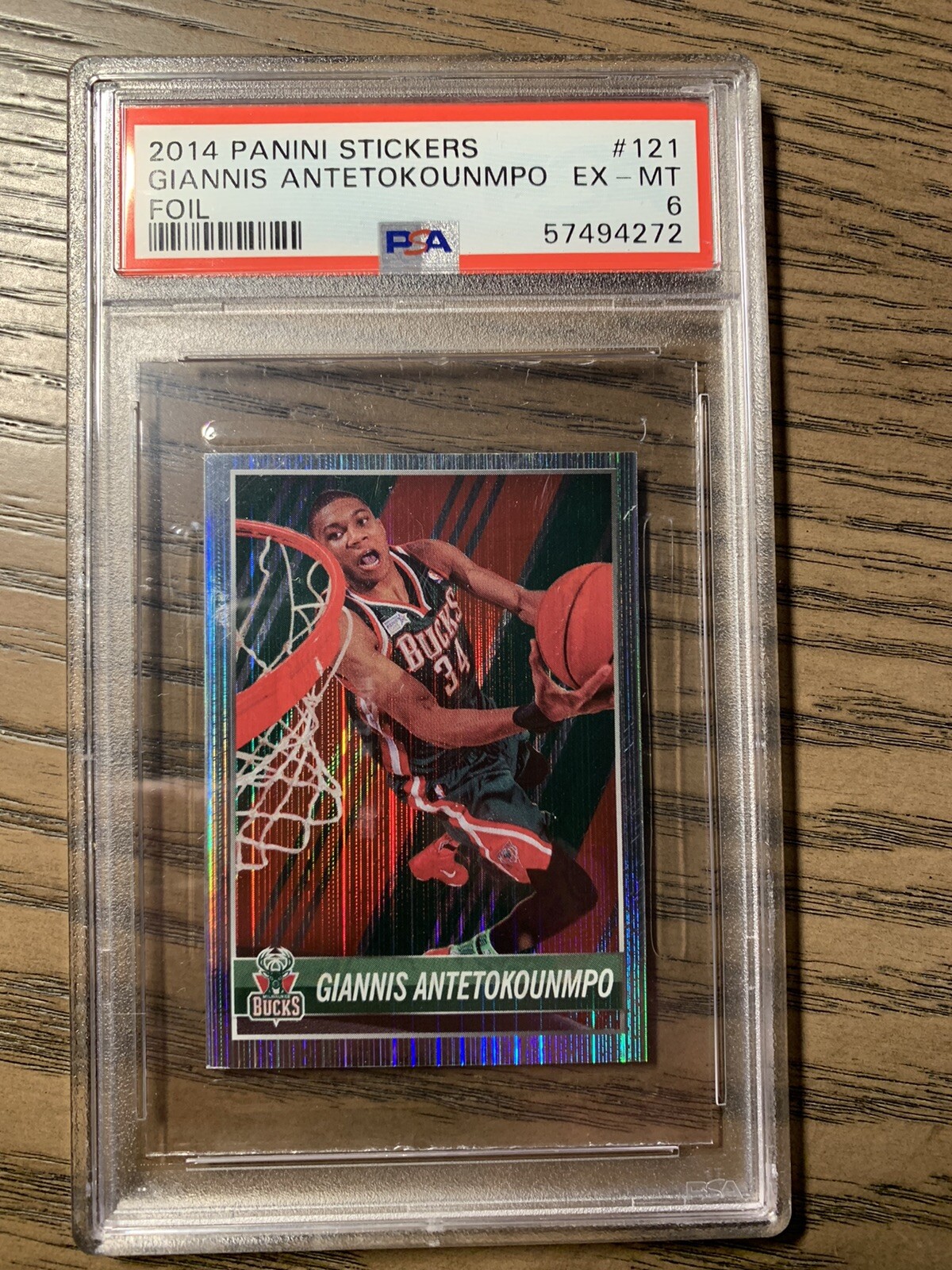 2014-15 Panini Stickers Foil Giannis Antetokounmpo 121 PSA 6 1st Sticker RC