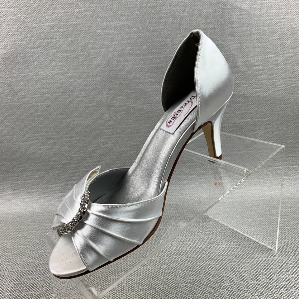 Dyeables Pumps White Satin Peep Toe Rhinestone Slip On Shoes Size 6.5B NEW - Image 4 of 4