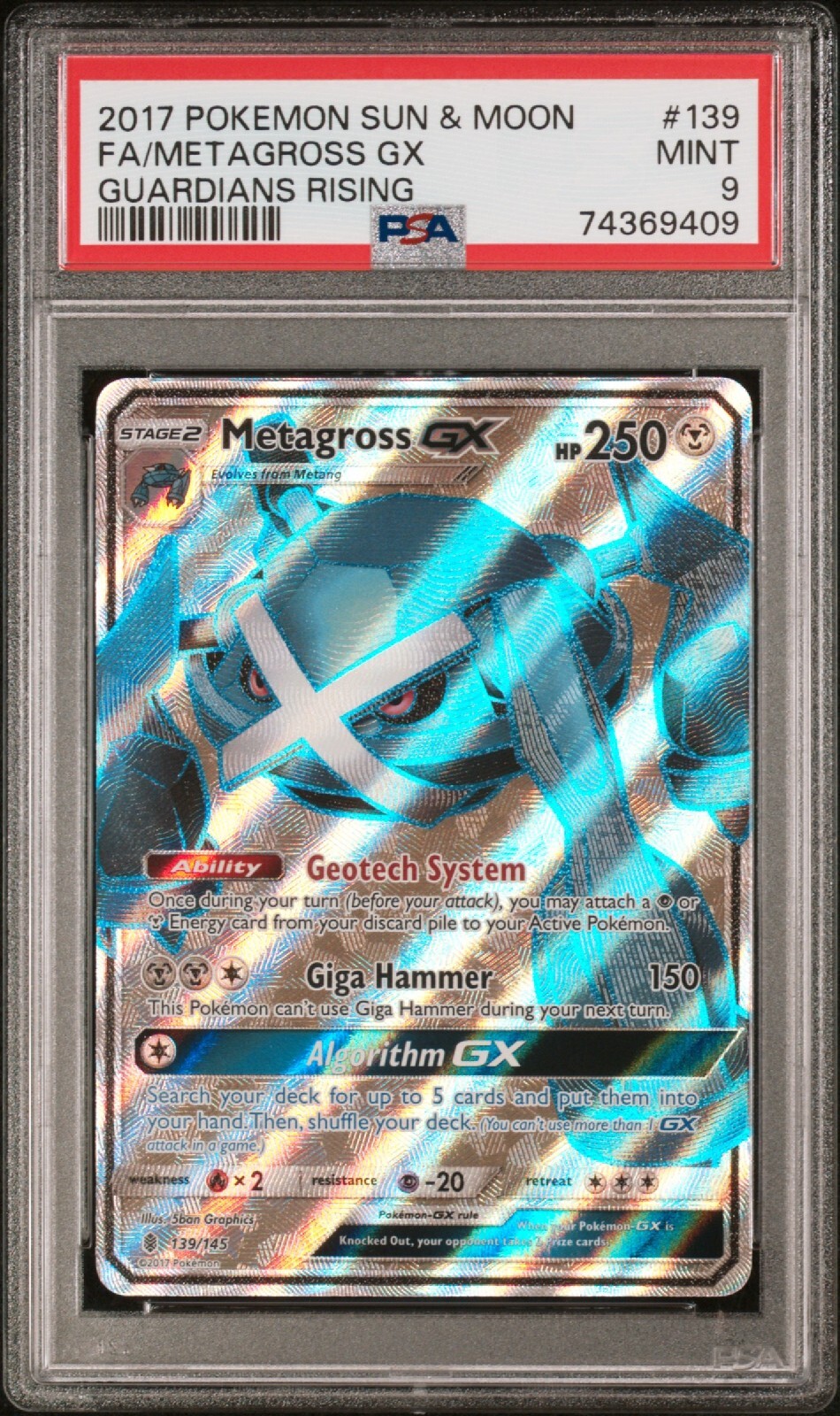 PSA 9 Mint 2017 Pokemon Sun & Moon Metagross GX Full Art Guardians Rising #139