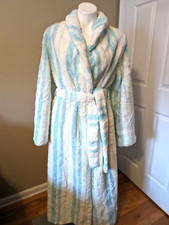 Vintage 1960s - 70's BORG Long Wrap Robe Aqua Stripe Faux Fur Plush Tie Waist M
