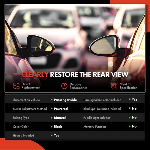 Passenger Black Mirror with Heated Power Glass Adjust for Nissan Versa 2020-2022 - Picture 2 of 11
