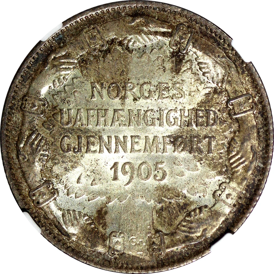 Norway Haakon VII Silver 1907 2 Kroner NGC MS63 Independence Toning KM# 365 (64) - Image 4 of 4