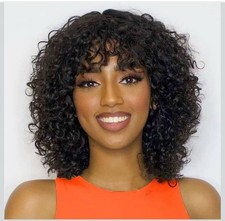 Short Water Wave Bob Wigs Human Hair Wigs With Curly Bangs No Lace Glueless 8  