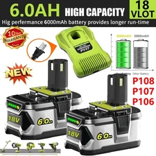 1丨6PACK For Ryobi P108 18V ONE Battery+Charger Plus LI-ION 6000mAh High Capacity