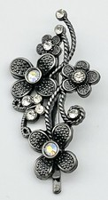 VTG Hair Jewelry Floral Bobby Pin Black Metal w Clear Stones Art Deco Look