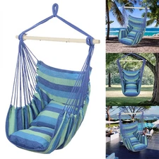 Blue Stripe Hammock Hanging Rope Chair Swing Seat Yard Camping Hang + 2Pillow