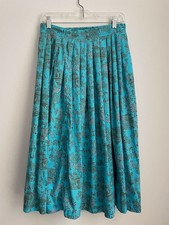 Vintage Handmade Pleated Maxi Skirt Blue Teal Gazebo Garden Print Side Zip Boho
