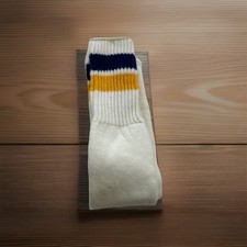 VTG Men's Socks 80s Stripe Navy Blue Gold Acrylic Blend White USA Made Tube 9-11