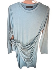 Merokeety Wrap Front Dress Medium Long Sleeve Knee Length Crew Neck Blue