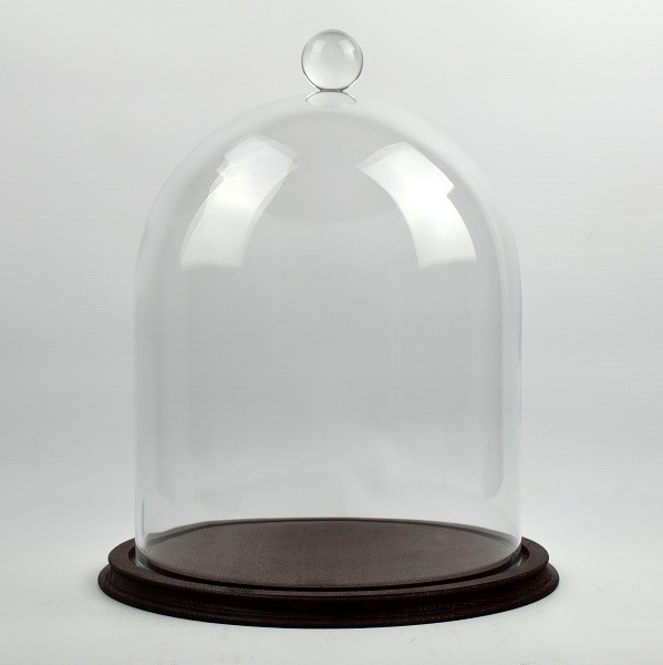 Clear Circular Glass Dome With Knob and Brown Vintage Wooden Base H:34x 25 cm