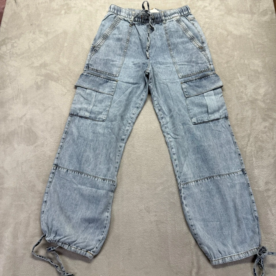 Привычные джинсы женщин маленький 90-х грузовой парашют синий кислоты стирка шнурка талии - Изображение 2 из 4