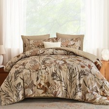 Luxudecor Queen Comforter Set 7 Pieces Bedding Sets Khaki Floral Comforter And