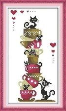 Happy Forever 11CT Stamped Cross Stitch, J321 Black Cats on Cups, Size 9''x16''