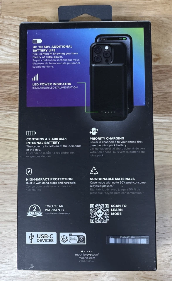 Mophie Juice Pack Slim Protective Battery Case for iPhone 15 Pro, Black, NEW - Image 2 of 3