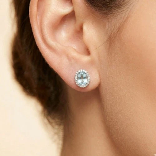 Pristine Sky Blue Aquamarine 4.70Ct 925 Sterling Silver White Gold Halo Earrings