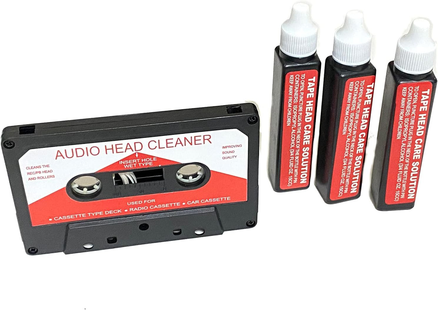 Audio Tape Cassette Head Cleaner w/ 3 Cleaning Fluids Care Wet Maintenance Kit b