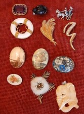Vintage Mixed Themed Brooches & 1 Water Buffalo Horn Elephant Pendant:Exquisite
