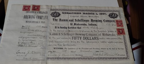 Kamm And Schellinger Stock Certificate