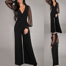 Women's Elegant V Neck Mesh Long Sleeve Loose Wide Leg Romper Party Jumpsuits Wi