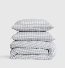 NWT QUINCE EUROPEAN LINEN DUVET COVER SET FULL QUEEN BLUE FOG GINGHAM MSRP 204