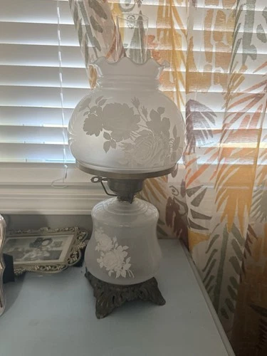 Vintage Milk Glass Hurricane Lamp Floral Etched Parlor Table Lamp Brass Base