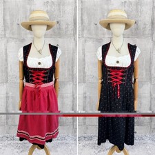 Distler Black Dirndl Dress Midi Red Floral Apron Lace-Up Oktoberfest Size 46