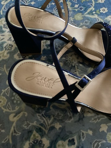 Jewel Badgley Mischka Zapatos Correas Sandalia Azul Marino con Secuencia 3” Tacón Bloque Usado 1X - Imagen 9 de 9