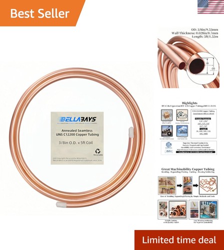 99.9% Pure C12200 Copper Tubing 3/8" OD - Flexible & Seamless Coil for Easy Use