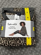 Splendid Women's Pajama Set S Leopard Print Long Sleeve Gray Beige Black