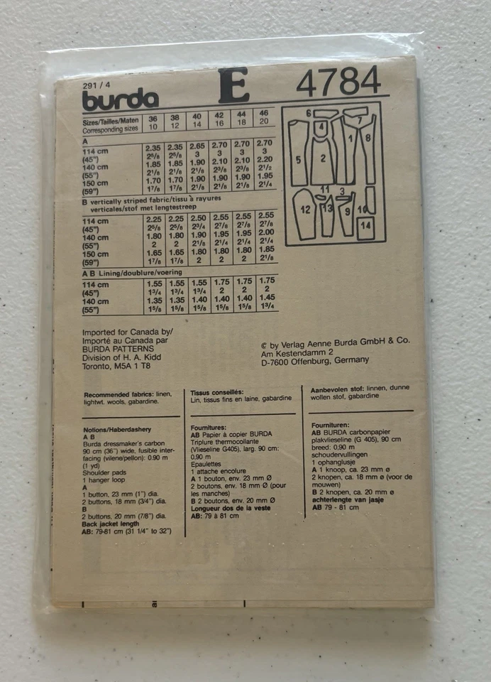 Burda 4784 Sizes 10-12-14-16-18-20 Misses' Jackets - Image 2 of 2