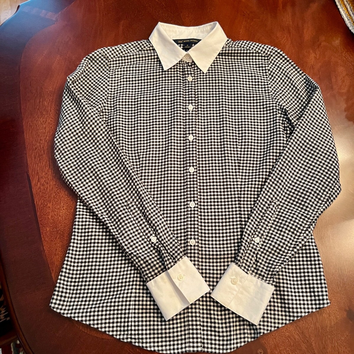 EUC Womens Brooks Brothers 346 Black White Gingham Flannel
