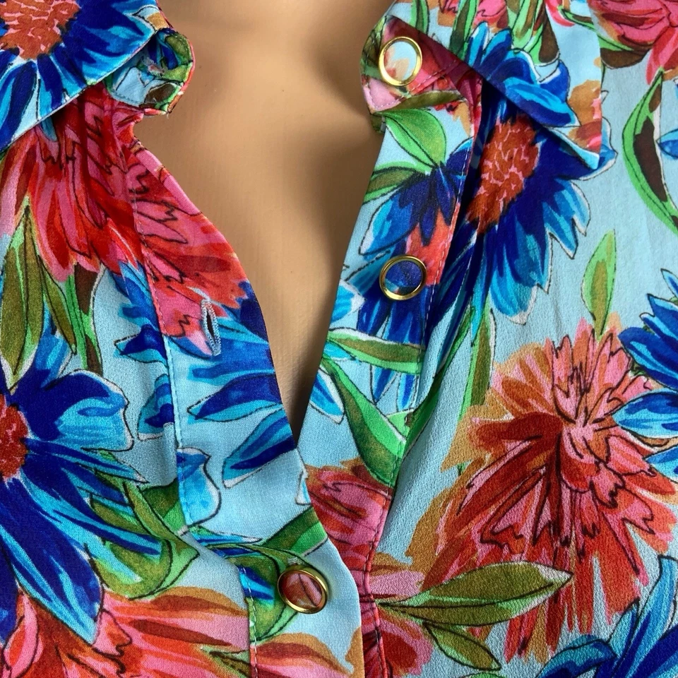 Blusa Top Milly Elyda Pintada Dalia Gasa Floral Azul Abotonada Talla Pequeña Foto 4 de 4