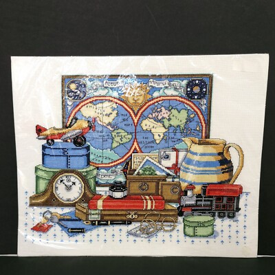 Completed Finished Cross Stitch World Map Travel Vacation Airplane Unframed