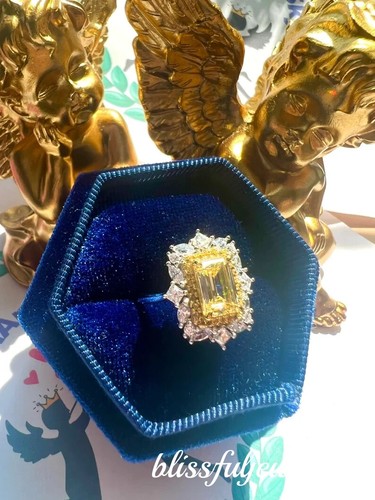 1.95CT Emerald Cut Genuine Citrine Engagement Halo Ring 14K 2-Tone Gold Finish - Picture 8 of 10