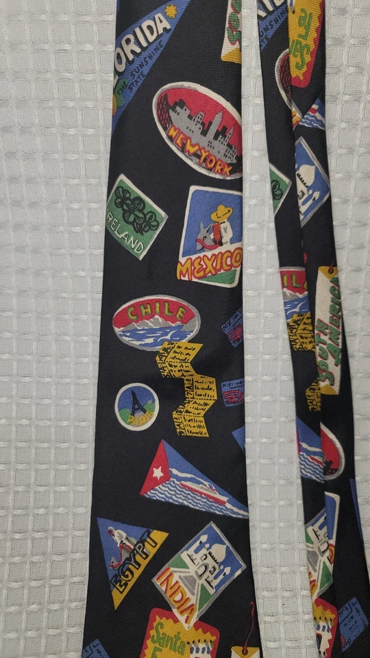 Винтажный UWD мужчин 58/4 PERRY ELLIS портфолио черный мир галстук 100% шелк сделано США - Изображение 3 из 4