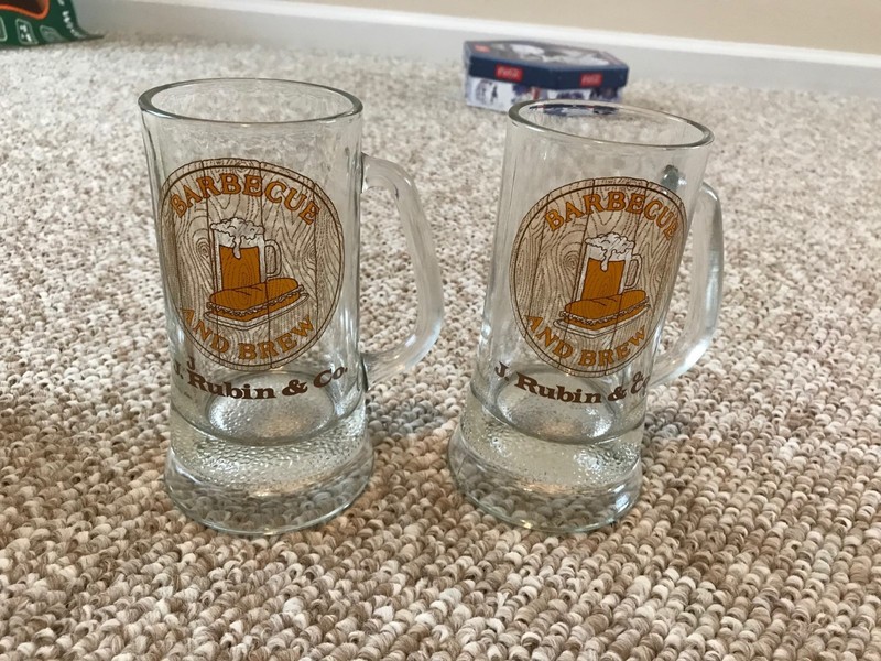 Two J. Rubin & Co Barbecue and Brew glass beer steins-12 oz. heavy base