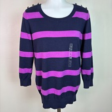 LOFT Sweater Medium Purple Navy Blue Striped Buttons 3/4 Sleeve Pullover Cotton