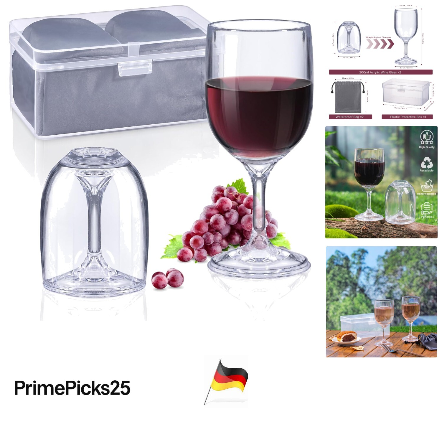 Kunststoff Weingläser 200ml 2er Set für Camping, Picknick, Outdoor mit Tasche