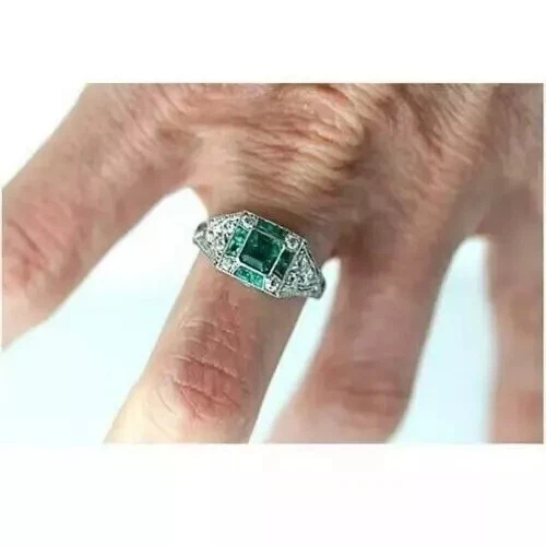 Boda nupcial Art Deco vintage de diamantes esmeralda creados en laboratorio en oro blanco de 14 K FN Foto 3 de 4