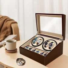 4+6 Automatic Rotation Leather Wood Watch Winder Storage Box Display Case