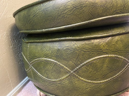Vintage Allied Round Pouf Ottoman Green Vinyl MCM Footstool w/Casters 13”H - Picture 7 of 12