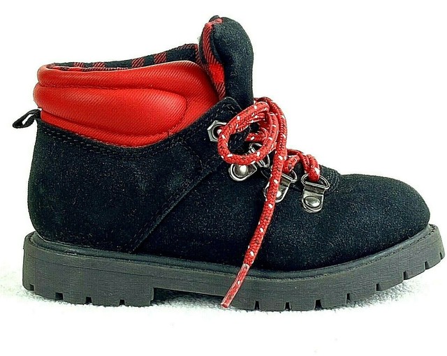 Carters Toddler Boys Hiking Boots Stone Black Red Lace Up Buffalo Plaid